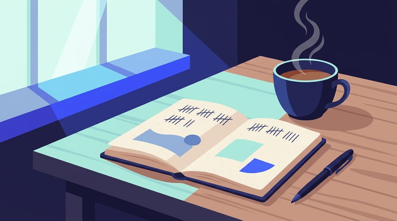 Un carnet ouvert posé sur une table de cuisine, à côté d'une tasse, avec des traits réguliers notés à la main