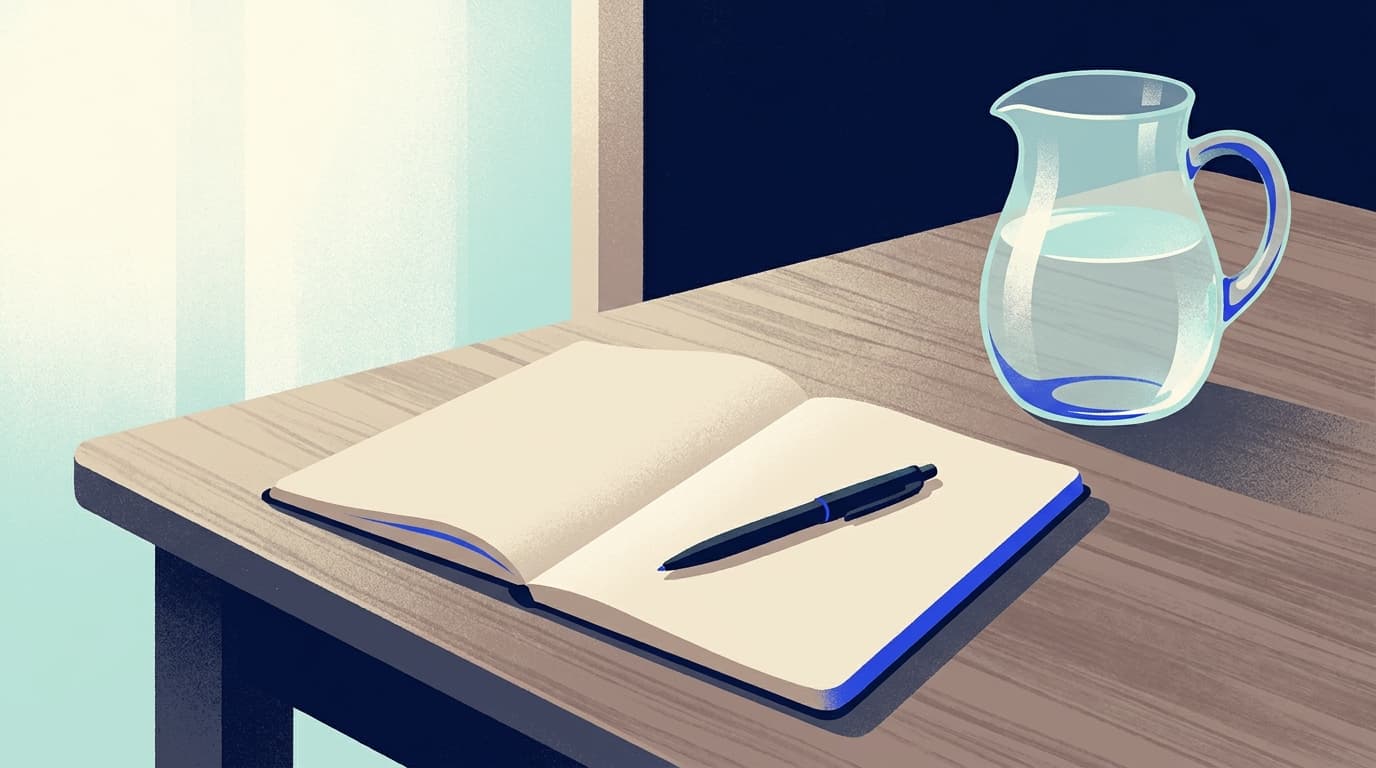A simple notebook and pen beside a jug of water on a table