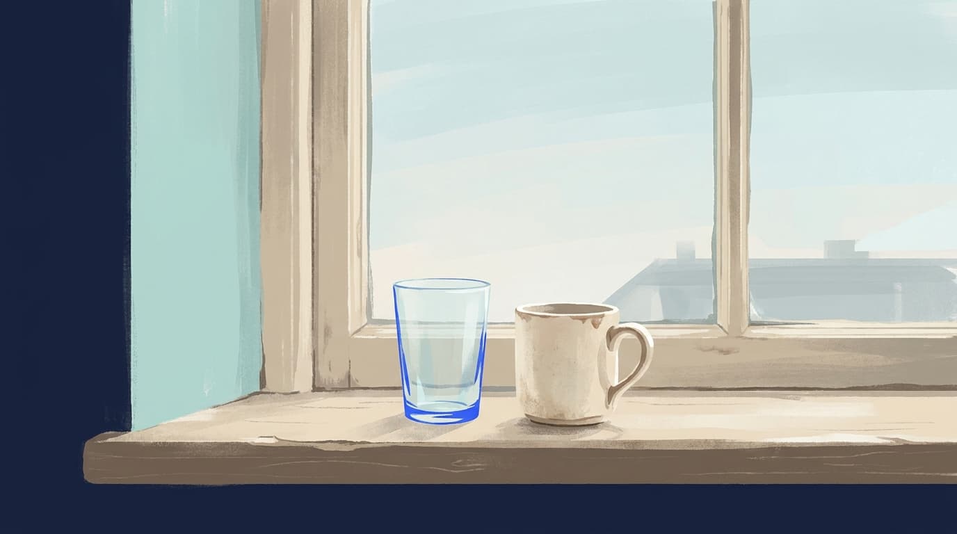 A glass of water and a mug on a kitchen windowsill in morning light