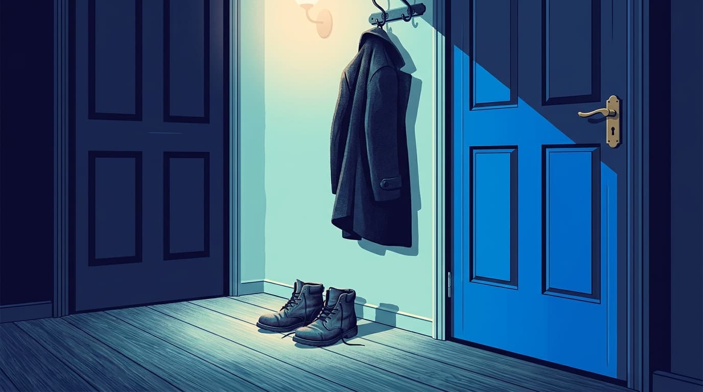 A pair of walking shoes by a front door, coat hanging above
