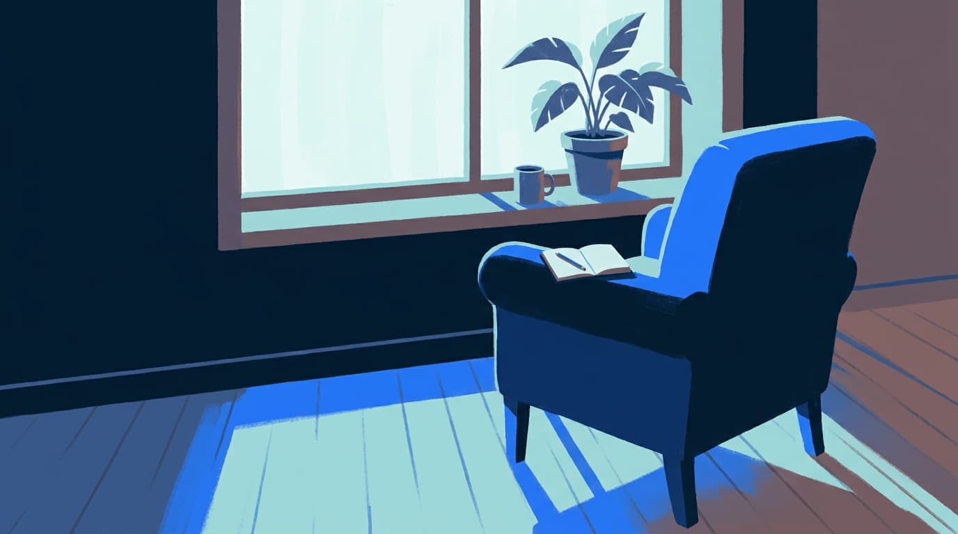 A calm morning window with a chair and a notebook, soft daylight