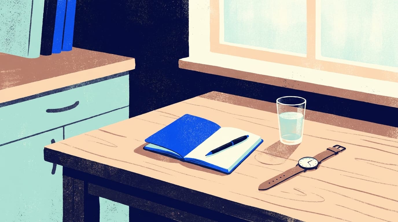 Notizbuch, Stift, ein Glas Wasser und eine Armbanduhr auf einem Küchentisch im Tageslicht