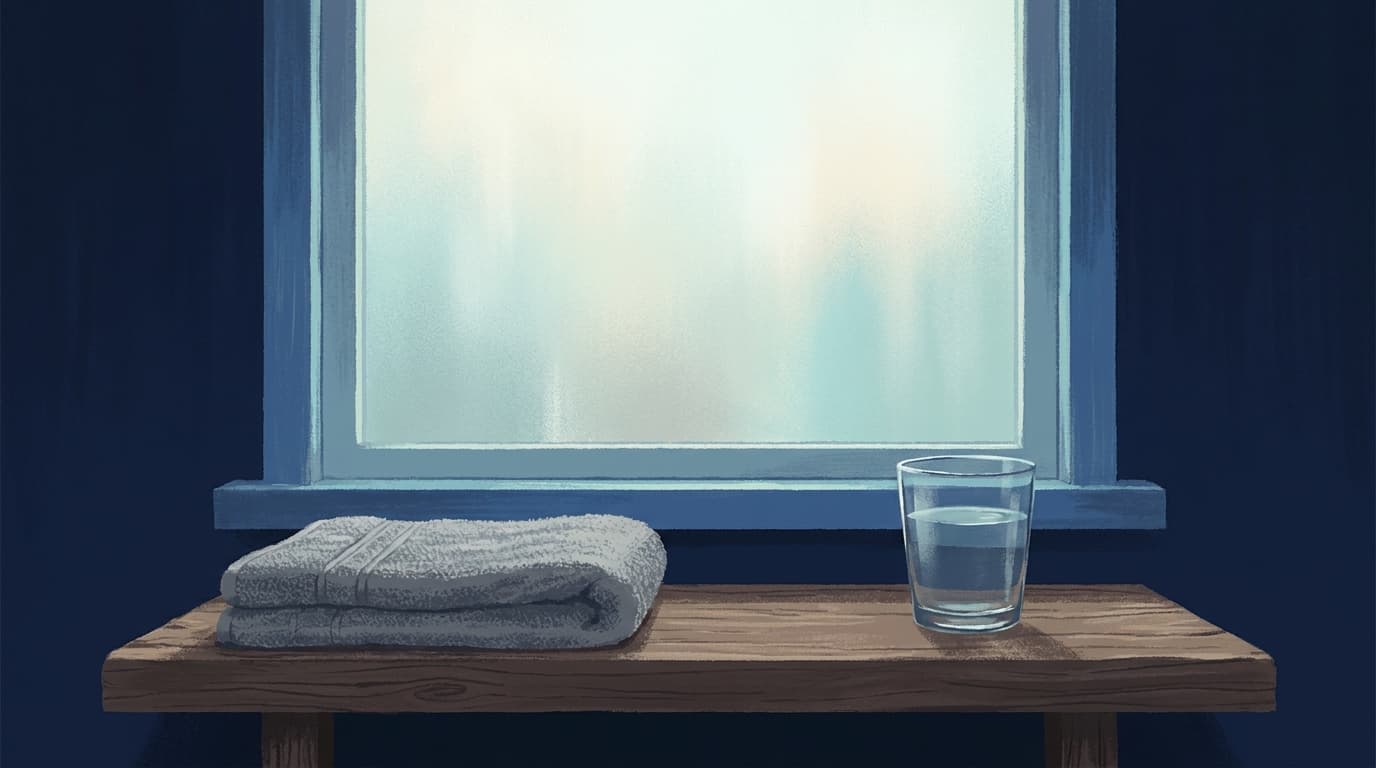 A quiet bathroom window with morning light falling across a wooden shelf and a folded towel.