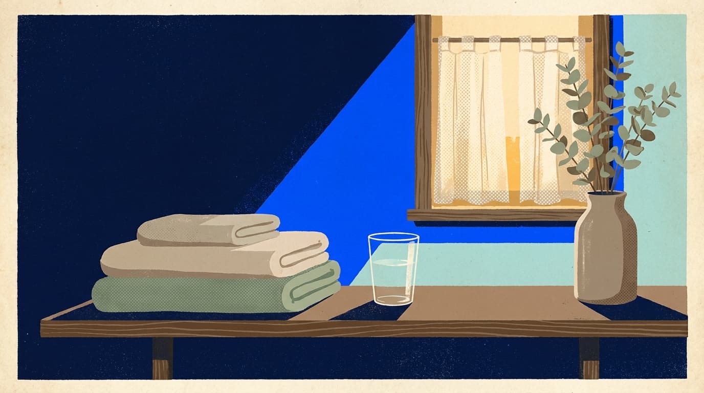A quiet bathroom shelf in morning light, with folded towels and a glass of water