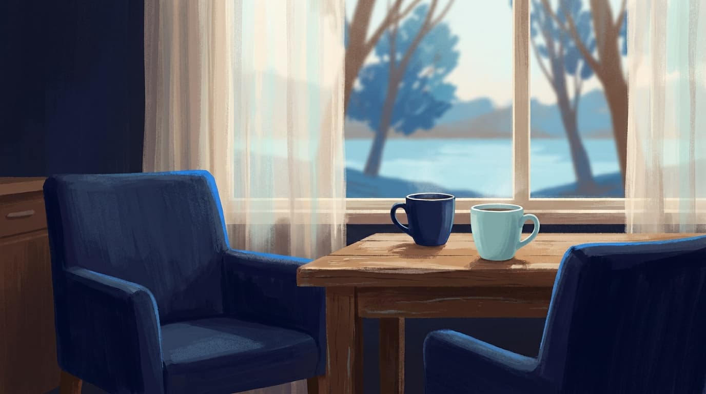 Deux tasses de café posées sur une table en bois près d'une fenêtre, lumière douce du matin