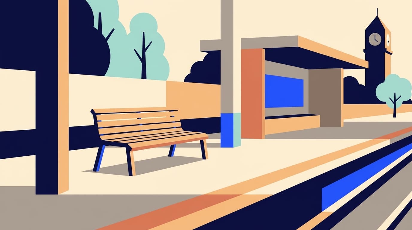 Un banc vide sur un quai de gare, lumière douce, moment d'attente