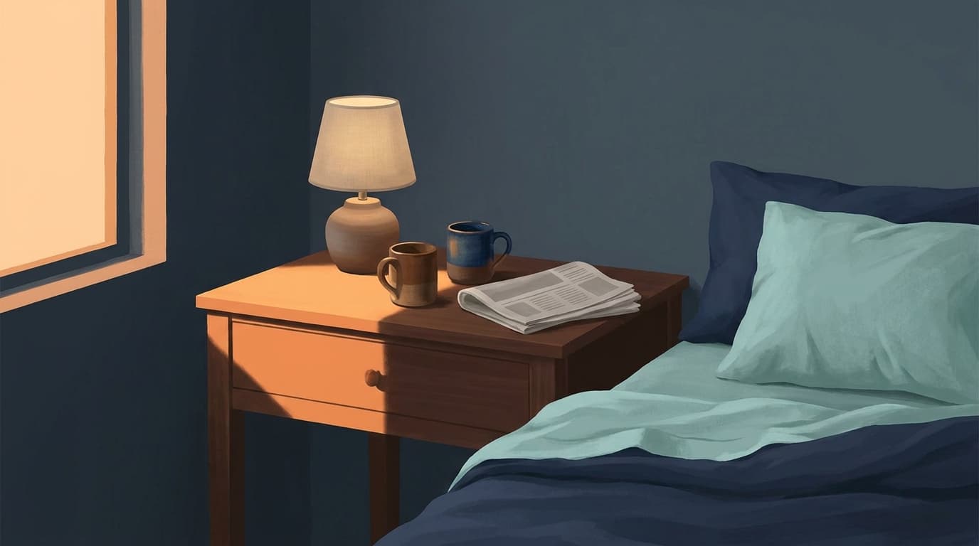 Two mugs on a bedside table beside a folded newspaper and a lamp in soft morning light
