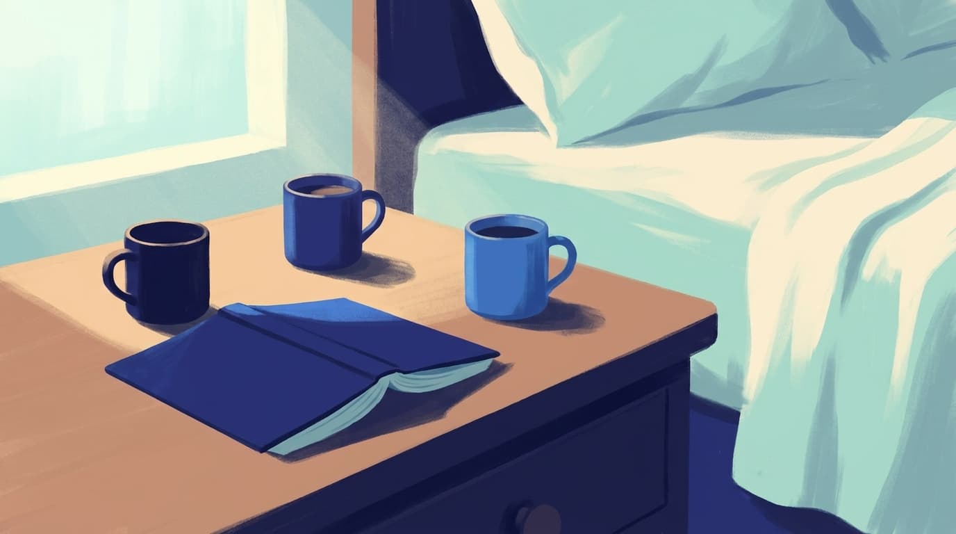 Zwei Kaffeetassen auf einem Nachttisch neben einem zerknitterten Bettlaken im Morgenlicht