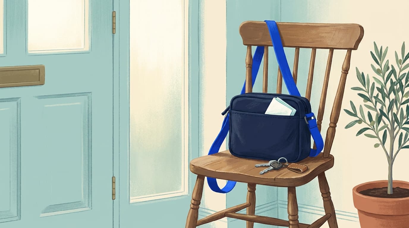 Sac de voyage posé sur une chaise avec une protection de rechange glissée dans une poche latérale