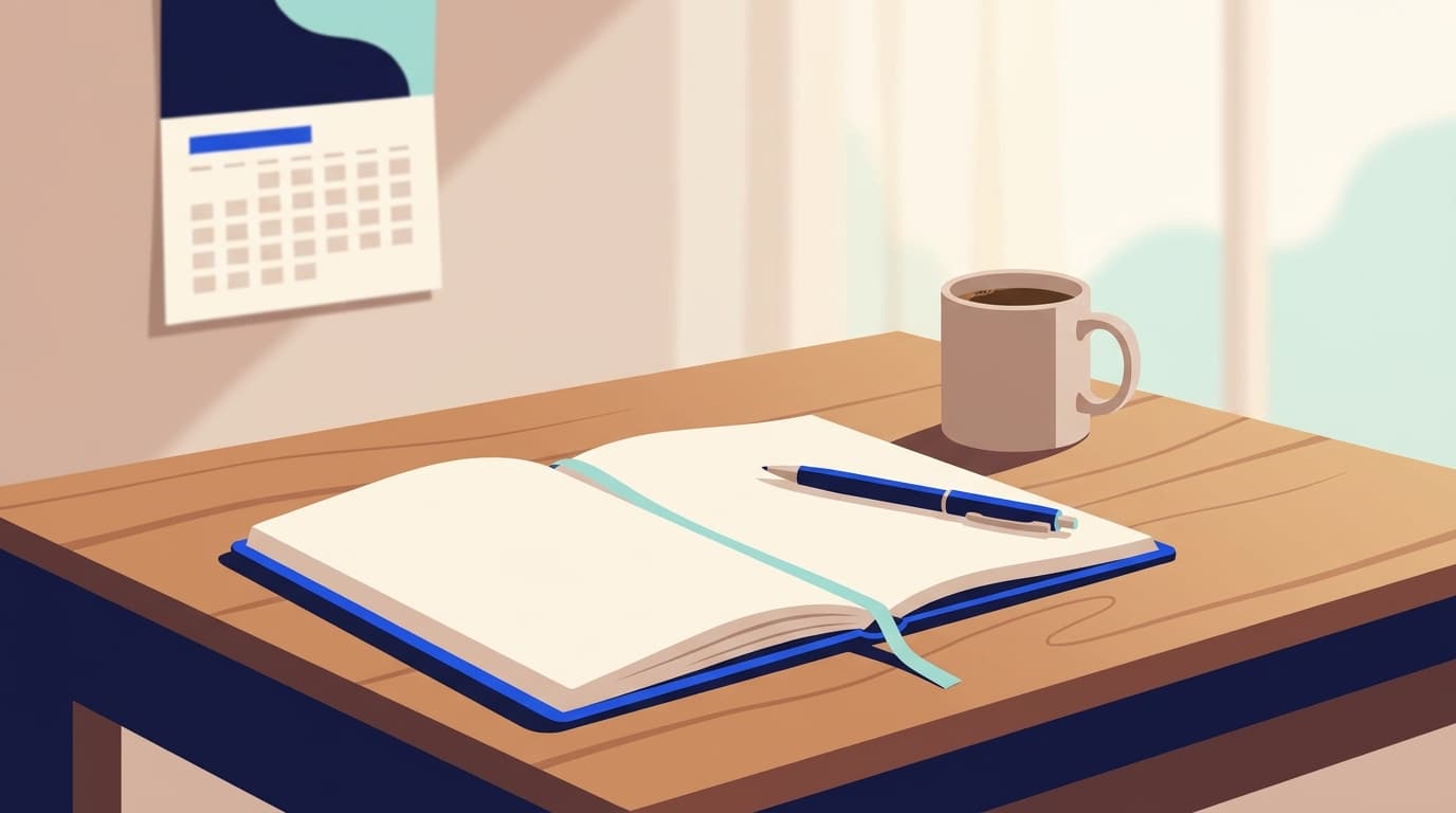 Un carnet ouvert et un stylo sur une table, près d'une tasse, pour noter l'évolution des fuites sur un mois