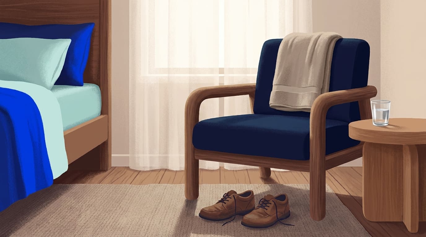 Une paire de baskets et une serviette posées près d'une chaise, dans une chambre calme au petit matin