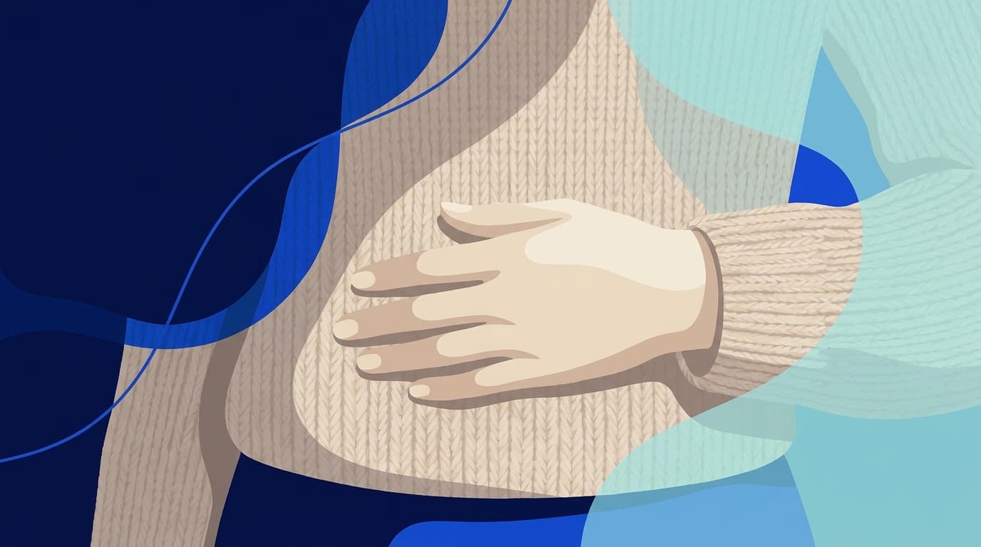 Illustration d'une main posée à plat sur le ventre, au niveau du bas-ventre, geste calme et attentif