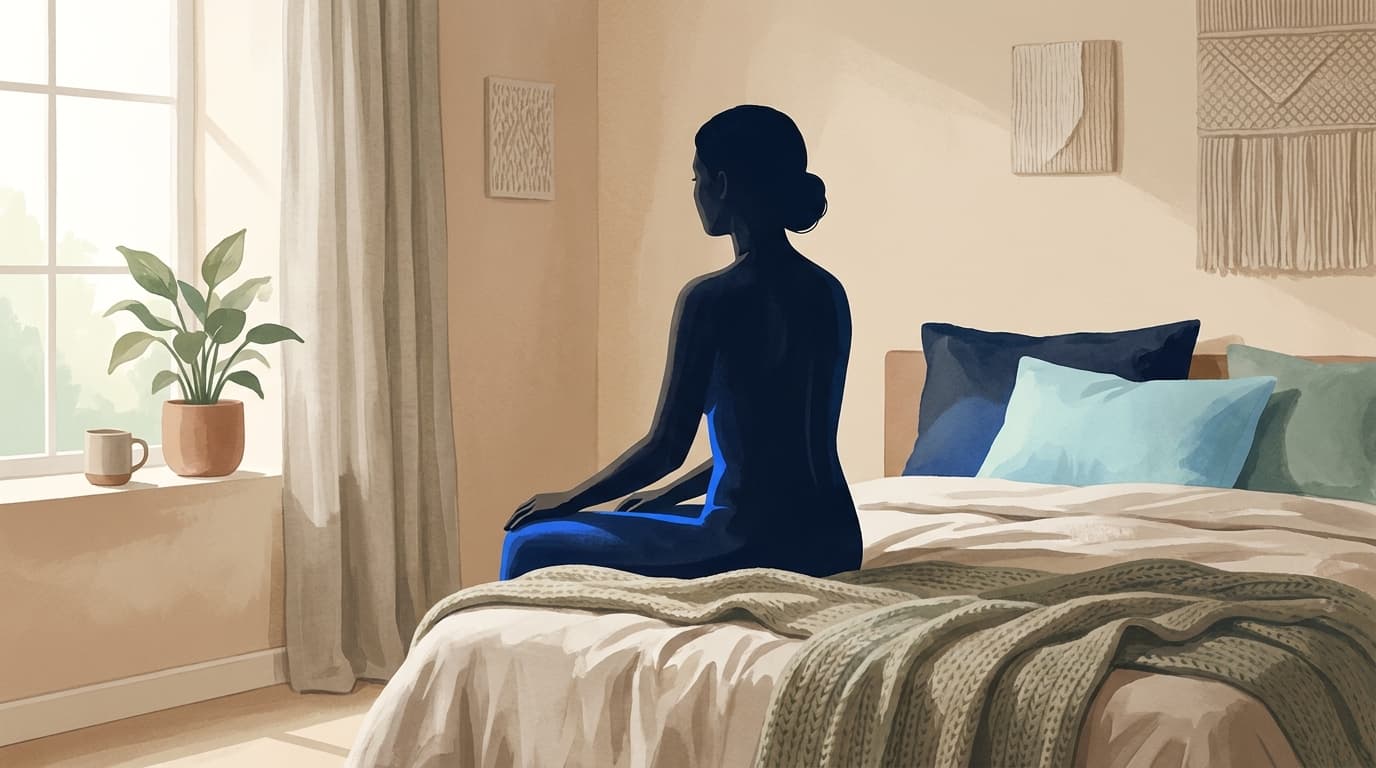 Illustration apaisée d'une femme assise sur le bord d'un lit, dos droit, dans une lumière douce du matin