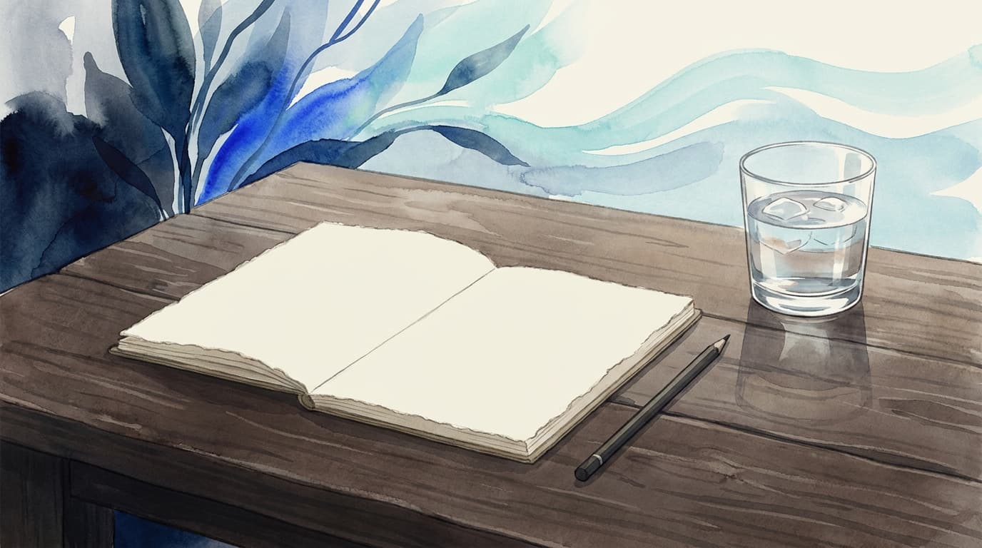 Ein aufgeschlagenes Notizheft mit Stift auf einem Holztisch, daneben ein Glas Wasser