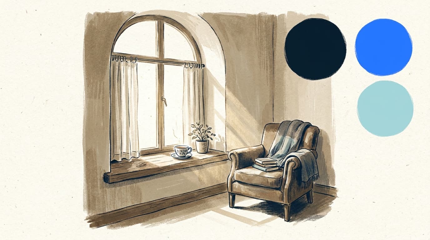 Ruhiger Morgen am Fenster, eine Tasse Tee auf der Fensterbank, weiches Licht