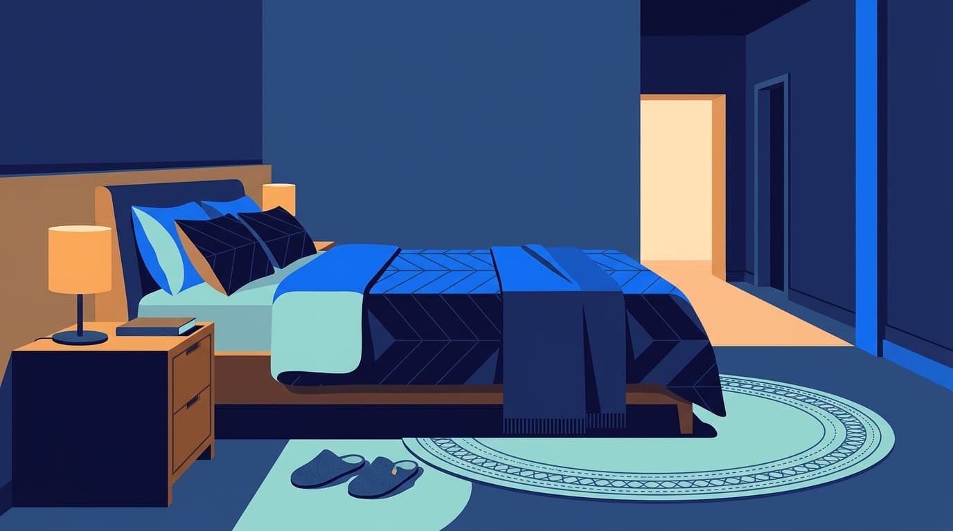 A dimly lit bedroom at night with a bedside lamp turned low, a made bed and slippers on the floor.