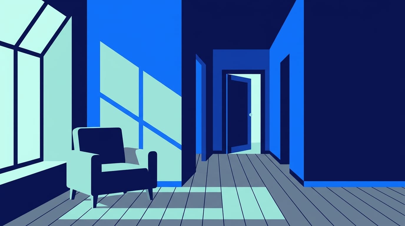 A quiet hallway with an armchair, a side table and an open door, lit by soft morning light.