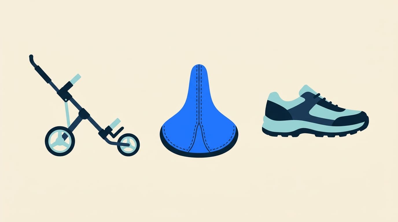 A golf trolley, a bicycle saddle and a walking shoe arranged simply on a plain background
