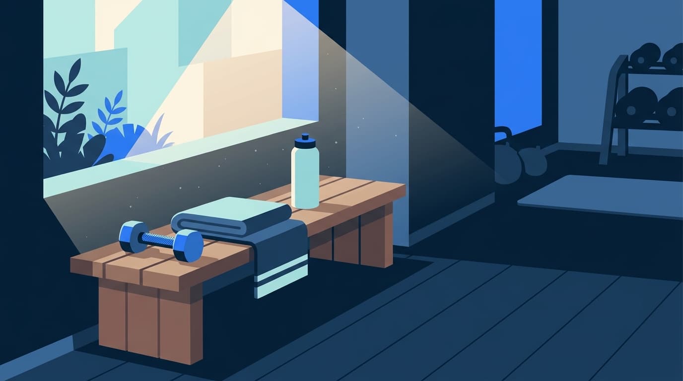 A gym bench, a light dumbbell and a rolled towel in quiet morning light