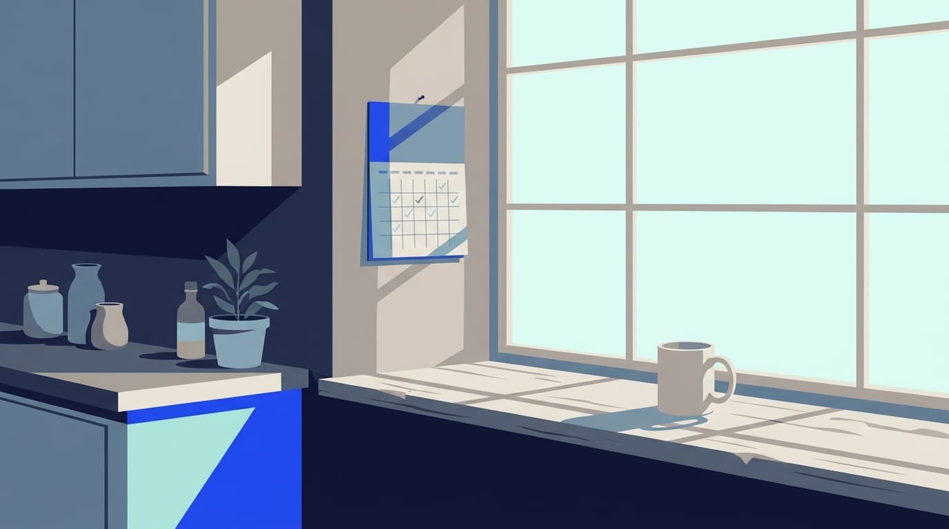 A calm morning window with a mug on the sill and a small paper calendar showing the first weeks marked off.