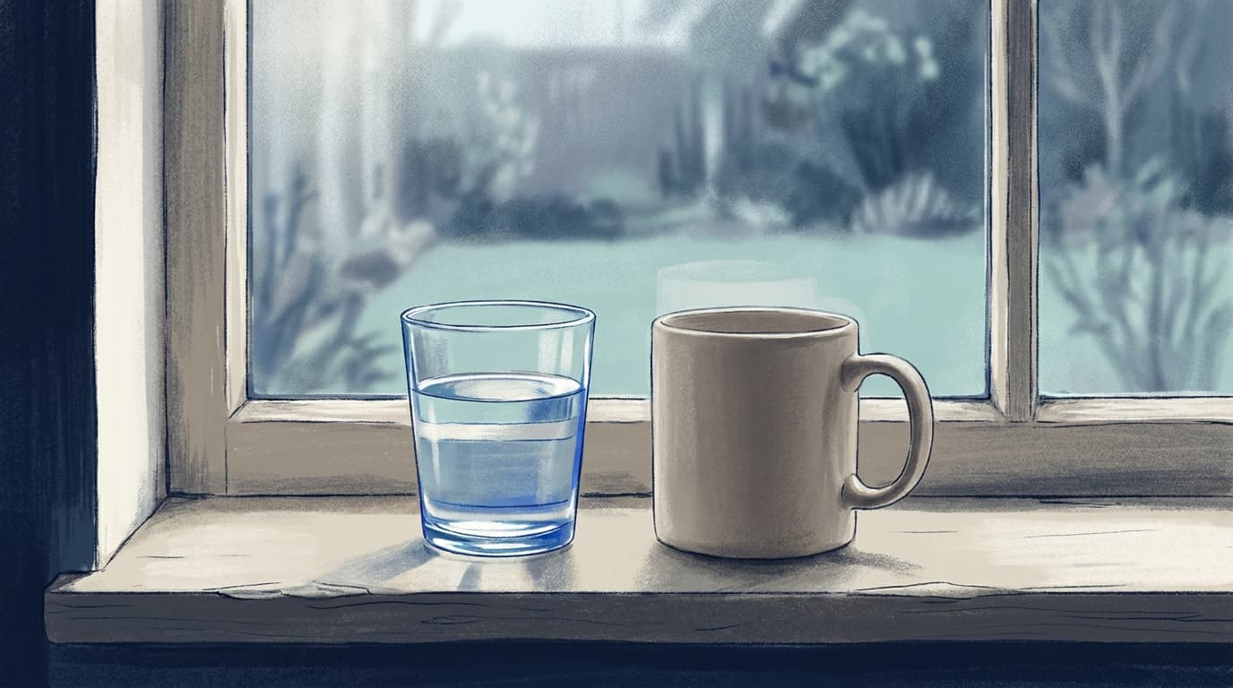A glass of water and a mug on a kitchen windowsill in soft morning light