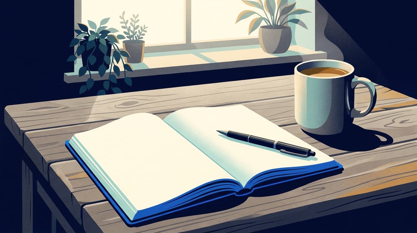 A simple notebook open on a kitchen table beside a mug, with a pen resting across the page