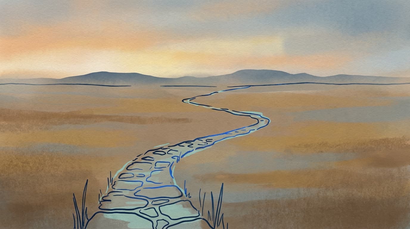 A calm line drawing of a footpath crossing flat open ground towards distant low hills