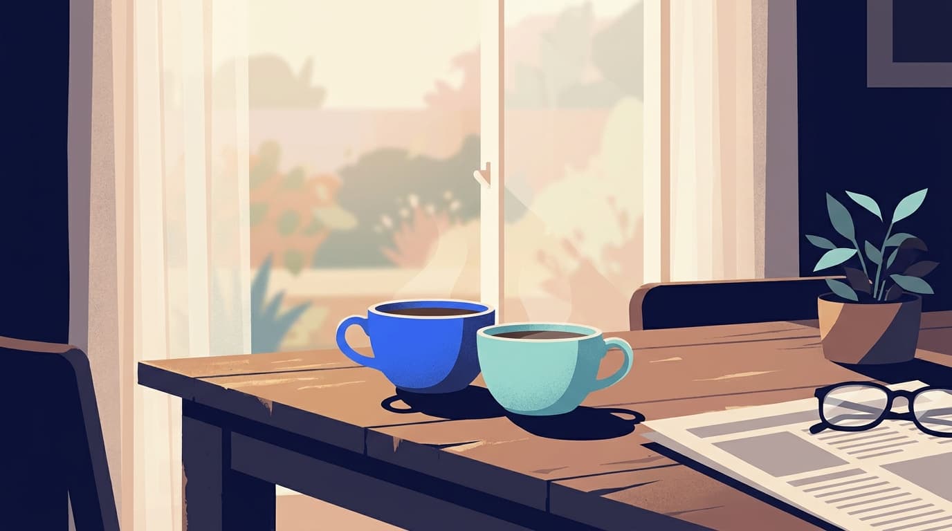 Deux tasses de café posées sur une table de cuisine près d'une fenêtre, lumière du jour