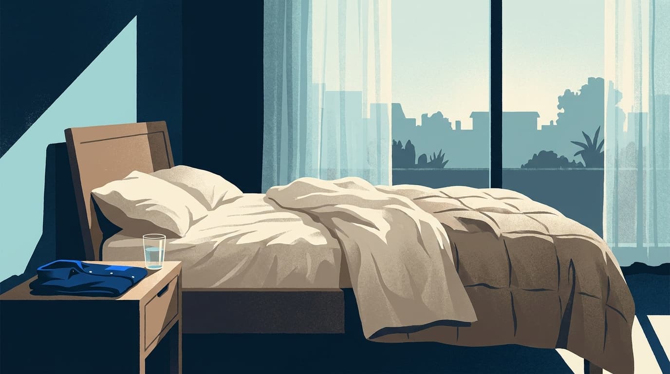 Chambre calme au petit matin, lumière douce sur un lit défait et une table de chevet