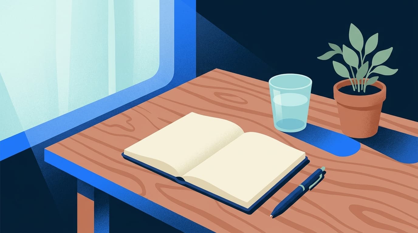 Un carnet ouvert et un stylo posés sur une table en bois, près d'un verre d'eau