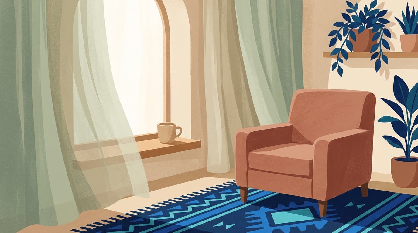 Une fenêtre lumineuse avec un fauteuil et une tasse posée sur un rebord, ambiance calme de fin de matinée