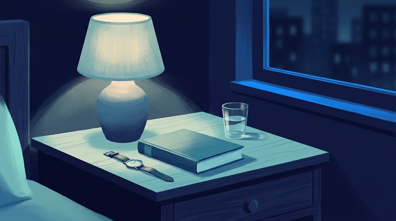A bedside table with a lamp on low, a book face down and a glass of water