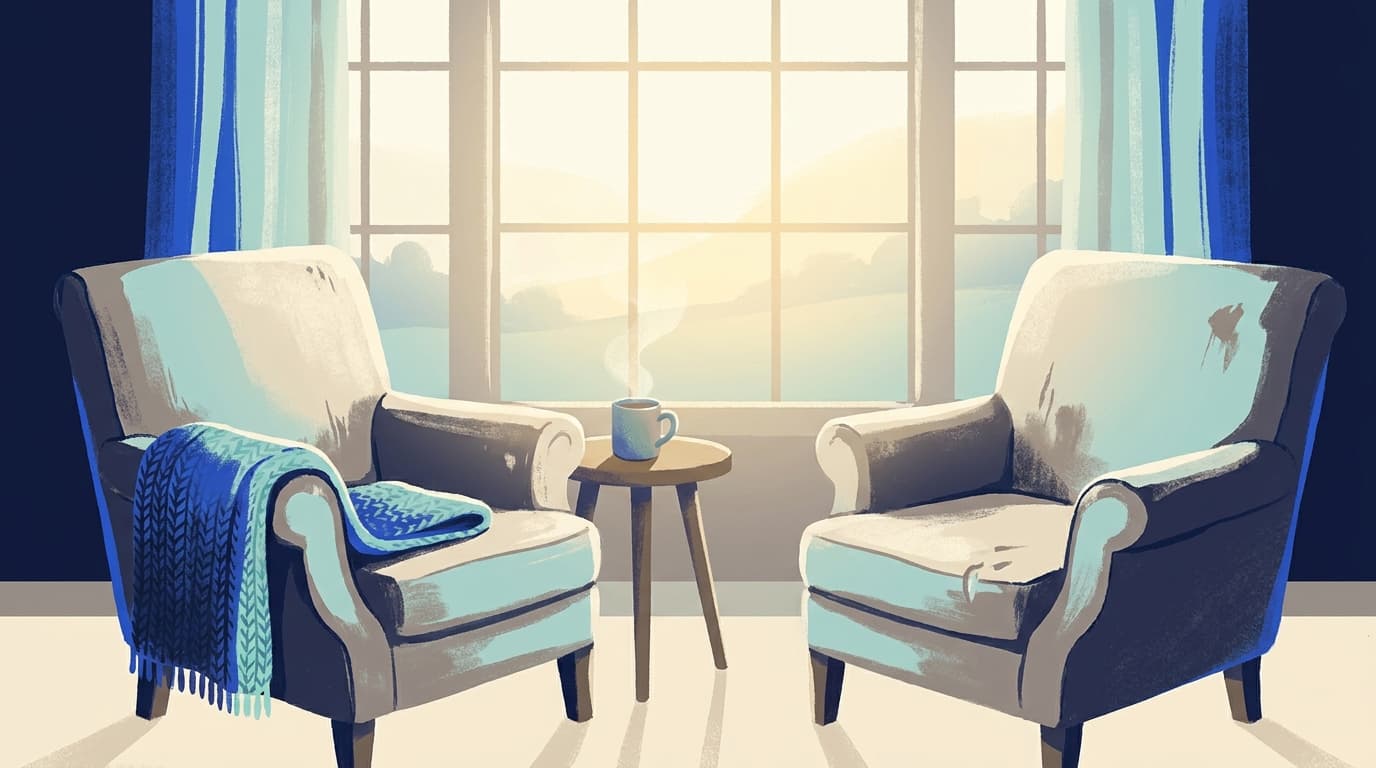 Two armchairs pulled close together by a window in soft morning light