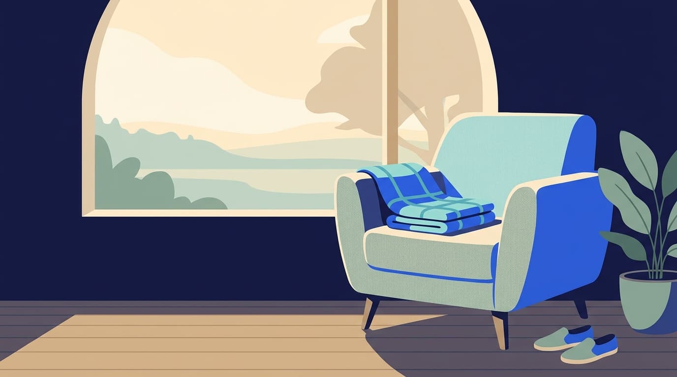 A pair of flat shoes by a chair near a window, suggesting a quiet moment set aside in the day