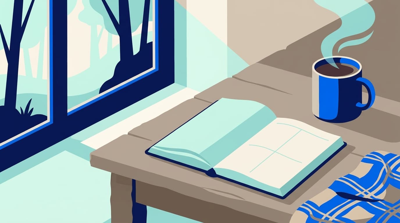 A simple weekly planner and a cup of tea on a quiet kitchen table in morning light