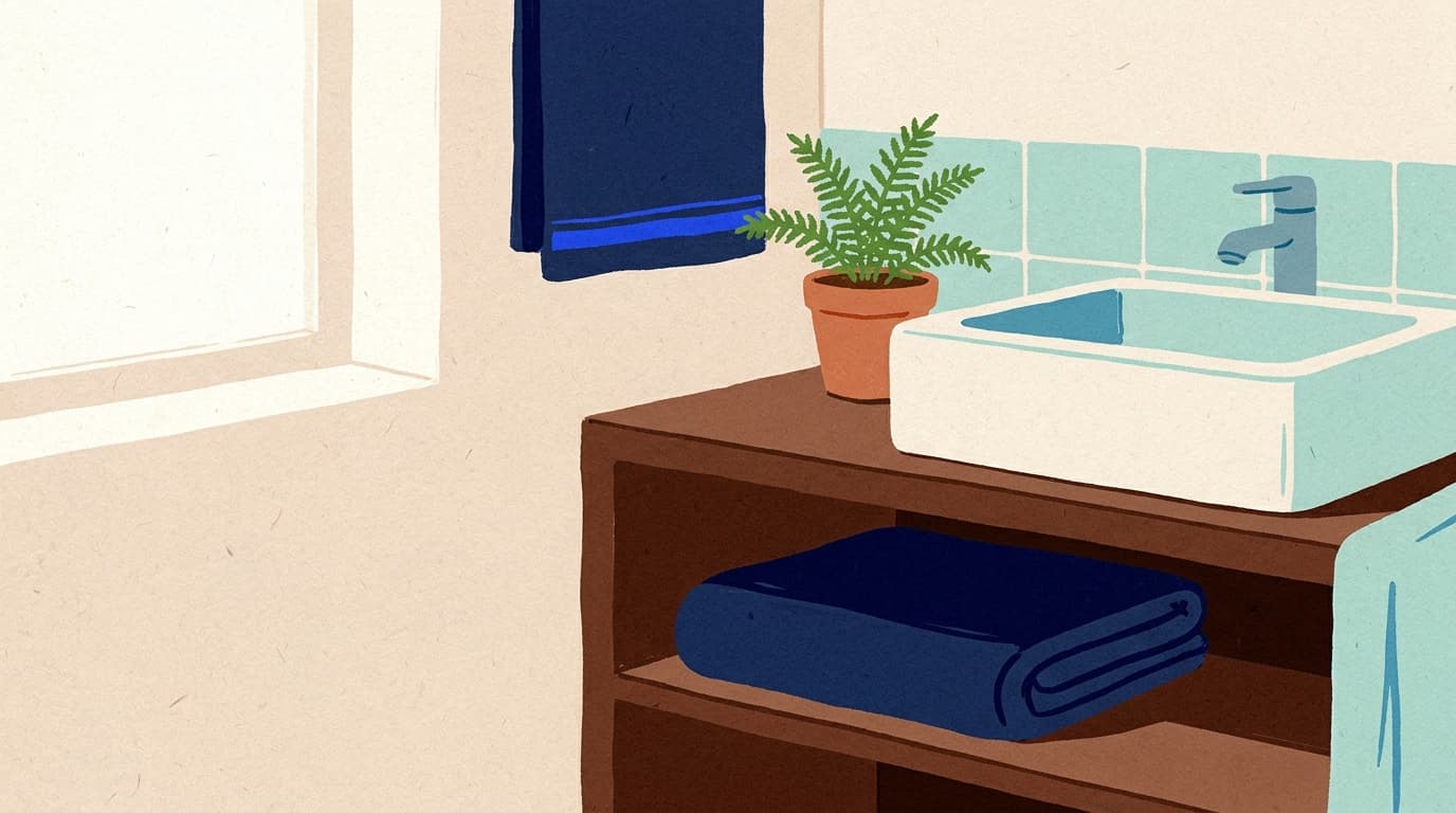 Illustration d'une salle de bain épurée avec un lavabo, une serviette pliée et une plante