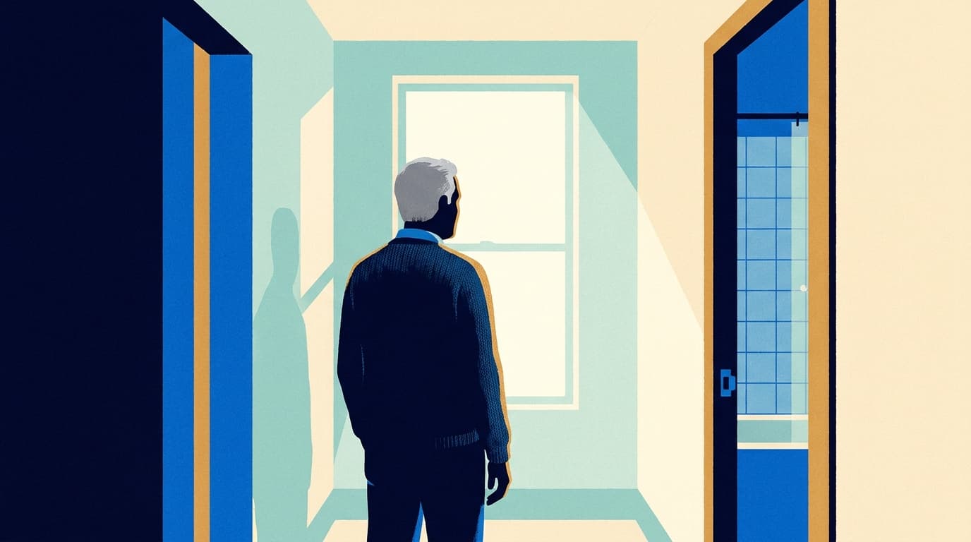 Illustration sobre d'un homme de dos près d'une fenêtre, lumière calme du matin