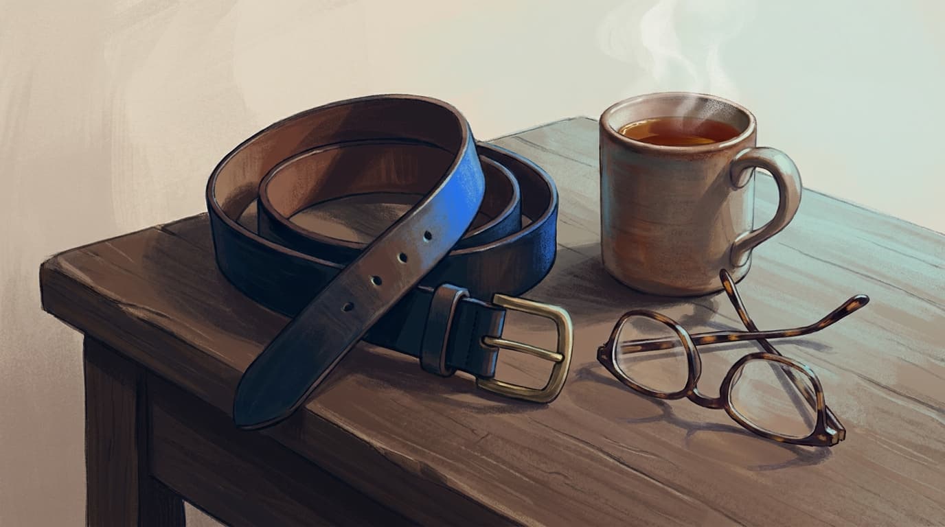Ceinture desserrée posée sur une table en bois à côté d'une tasse