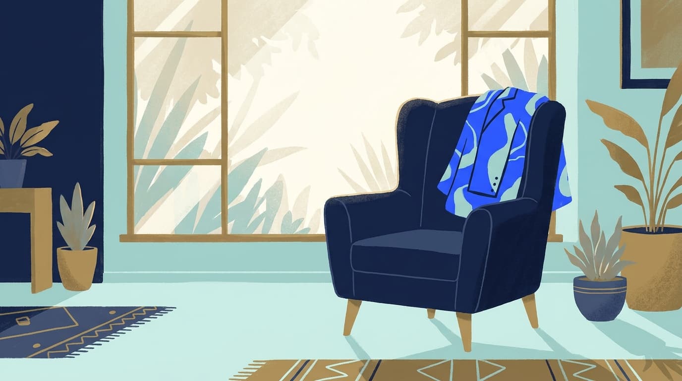 Fauteuil et veste posée sur le dossier dans une pièce calme éclairée par la fenêtre