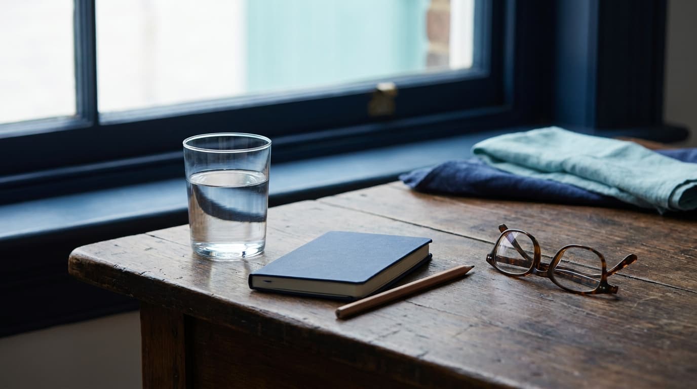 Verre d'eau et carnet posés sur une table en bois près d'une fenêtre