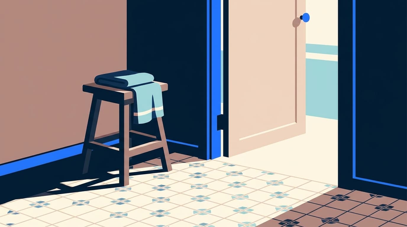 Porte de salle de bains entrouverte sur une lumière douce du matin, intérieur calme et ordonné