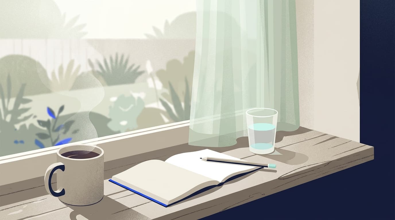 Ein Glas Wasser und eine Tasse Tee auf einem Fensterbrett, daneben ein aufgeschlagenes Notizheft