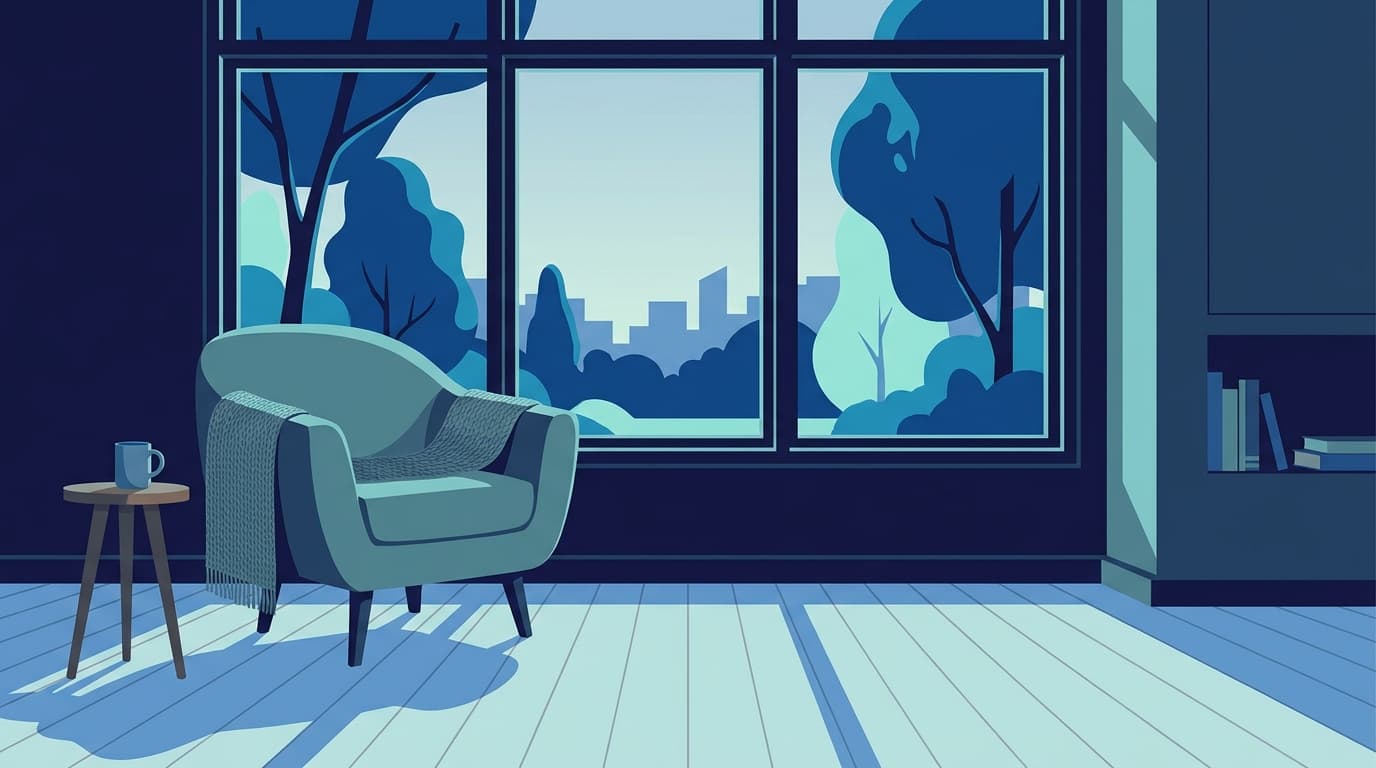 Ruhiges Wohnzimmer am Morgen, ein Sessel am Fenster, weiches Tageslicht auf dem Boden
