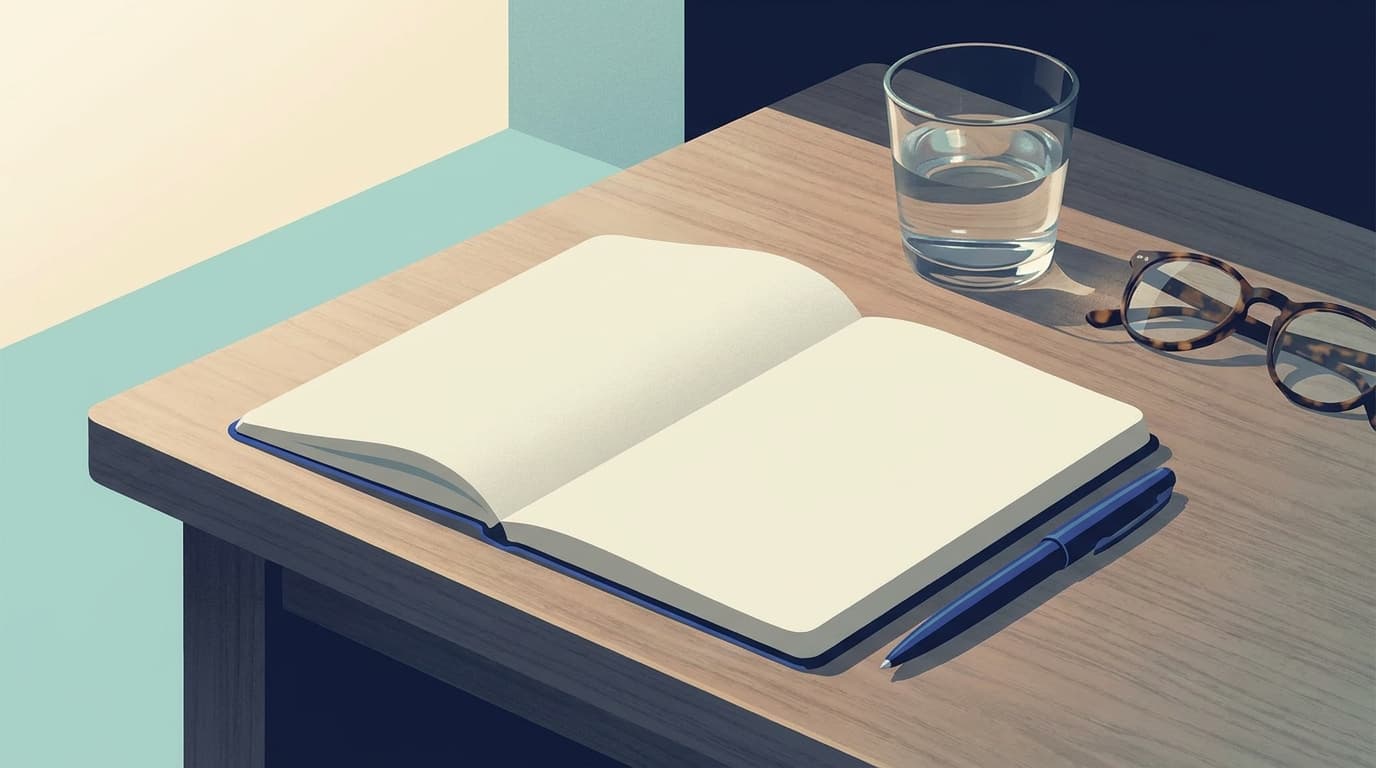 Ein Notizbuch und ein Stift auf einem Holztisch neben einem Glas Wasser