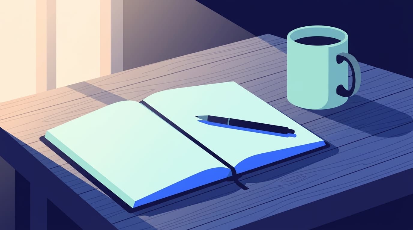 A notebook on a table with a pen laid across it, a mug beside it, afternoon light