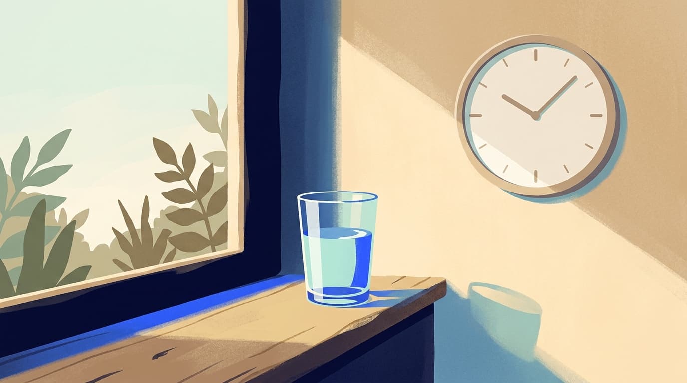 A glass of water on a kitchen windowsill beside a wall clock, morning light across the counter