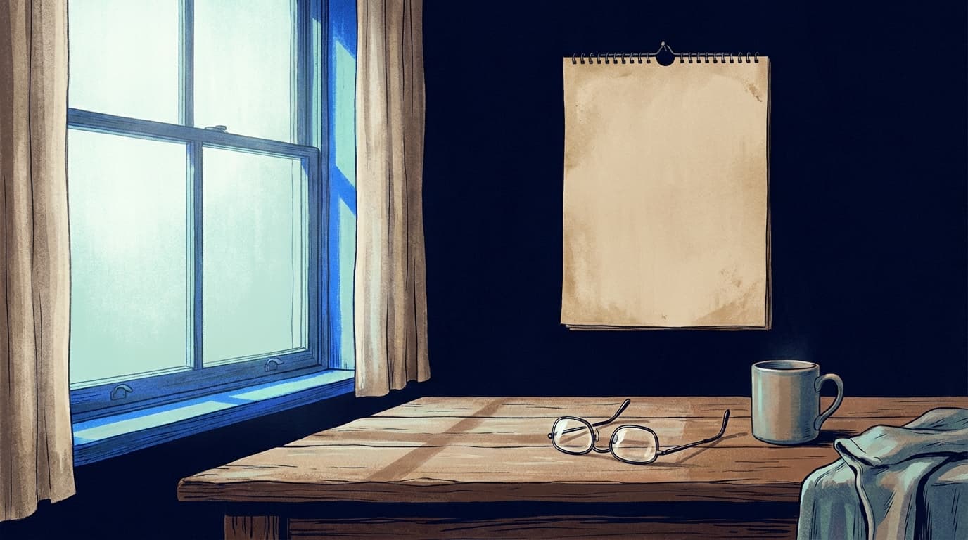 A simple calendar page and a pair of reading glasses resting on a wooden table in soft morning light.