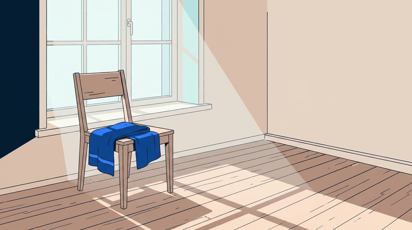 A simple line illustration of a wooden chair beside a bedroom window with morning light on the floor.