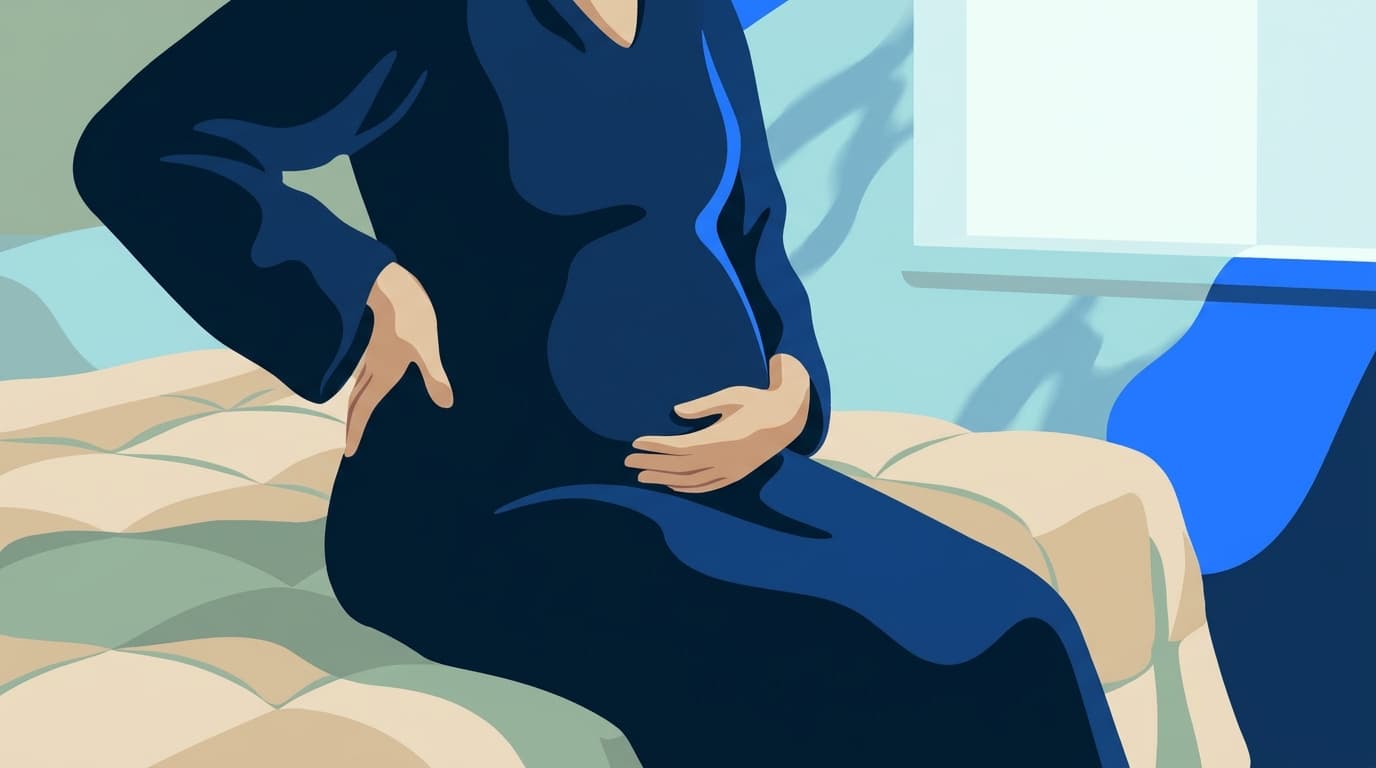 A woman seated on the edge of a bed, hands resting on her lower belly, in soft morning light.