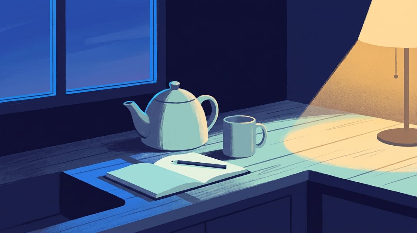 A kitchen worktop at dusk with a kettle and a small notebook left open beside it